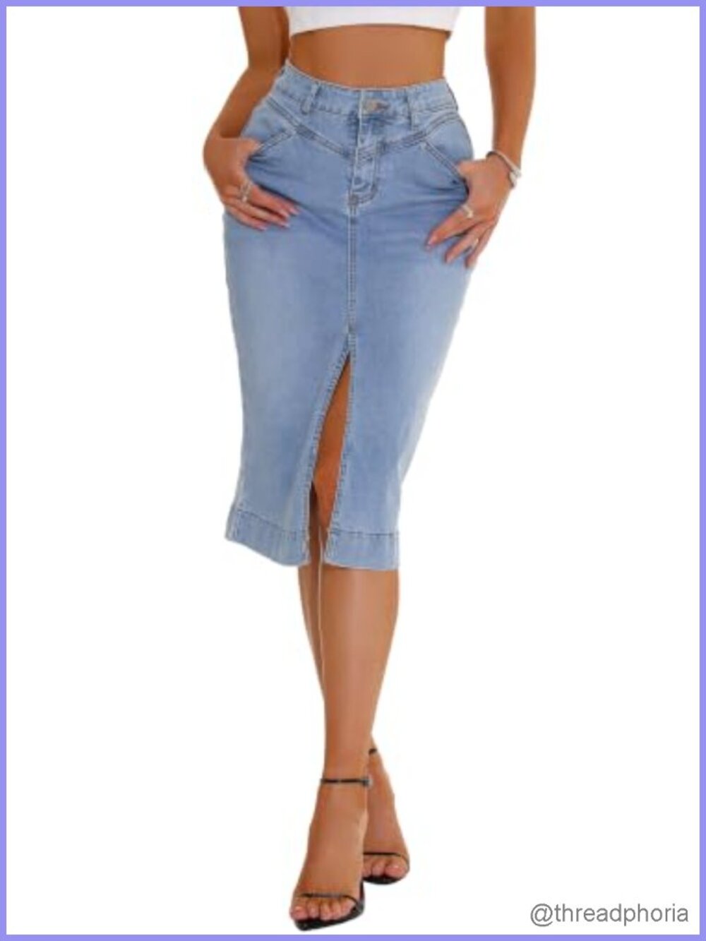 High Waisted Denim Midi Pencil Skirt with Slit & Pockets